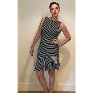 Karl Lagerfeld Black & White Striped Flounce Dress Nautical Chic ~ Sz 2 Pristine